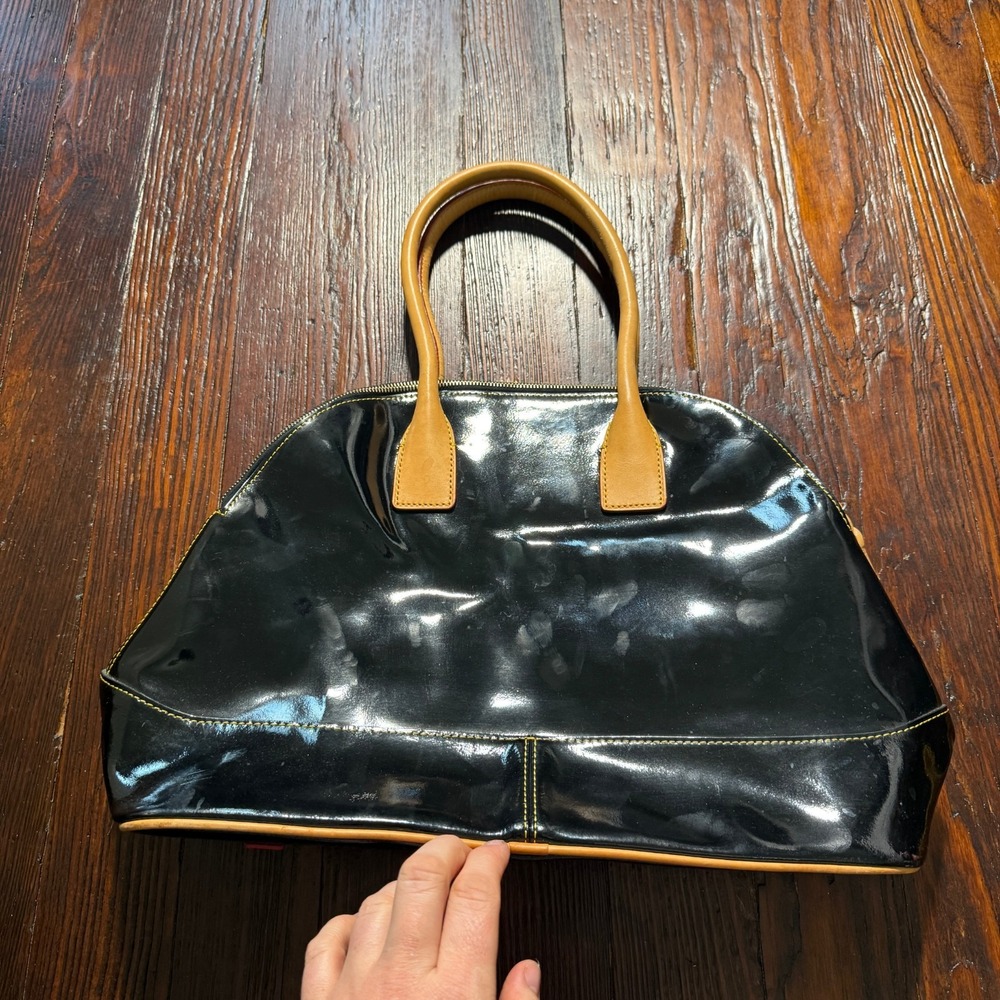 Vintage Dooney & Bourke Purse Glossy Black Brown Leather Hobo Bag - Picture 8 of 13